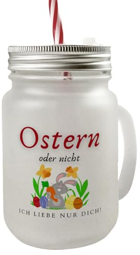 speecheese Ostern Mason Jar Henkel Trinkglas mit Deckel mit Spruch Ostern oder nicht ich Liebe nur dich Perfektes Osterhase Geschenk Ostereier Muster Osterglocken Dekor Eier im Osternest