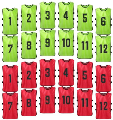 DARANCA Lätzchen for das Fußballtraining, Sportleibchen for Erwachsene, 24-teiliges Fußball-Pinnies-Set, schnelltrocknende Fußballtrikots for Jugendsport-Trainingsspiele(Green and Red)