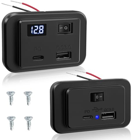 Hoembpn Dual USB C Steckdose 12V Wohnmobil Auto Ladegerät mit LED Voltmeter und Schalter, 40W PD Type C und QC3.0 USB Ladebuchse 12V/24V Schnellladung Panel für Bus KFZ LKW Boot