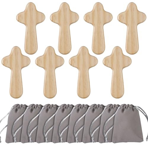 WEGREAT Handgehaltenes Kreuz Kreuzen: 8 Stücke Handkreuz Holz, Holzkreuze Klein, Handschmeichler mit 8 Stücke Flanelltasche für Kommunion, Taufe, Beileid Geschenk, Auch als Sterbekreuz, Handgefertigt