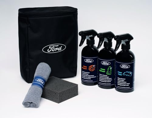 Ford Genuine 6-Piece Interior Car Cleaning Kit – Complete Car Detailing with Three 500ml Sprays: Glass Cleaner, Dashboard Cleaner and Interior Trim Cleaner, Microfibre Cloth, Sponge and Storage Bag