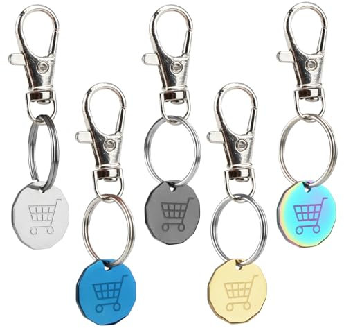 Shopping Trolley Token Keyring Set - 5 PCS Coin Key Ring for Supermarket Cart - UK Pound Solid Metal (5 Colors)