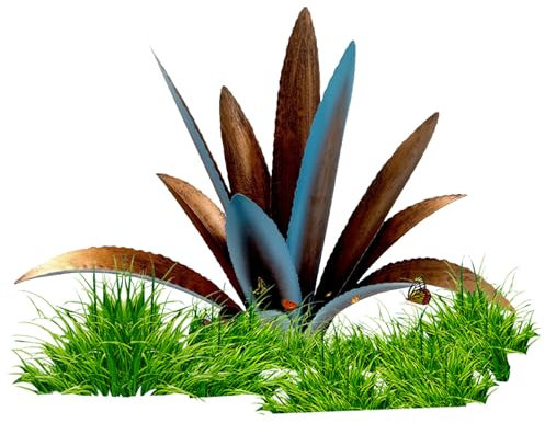 Tequila Sculpture Rustique Grande en Métal - Plante d'Agave pour Décor Extérieur - Statue de Jardin de Patio 15x15x17cm Bleu