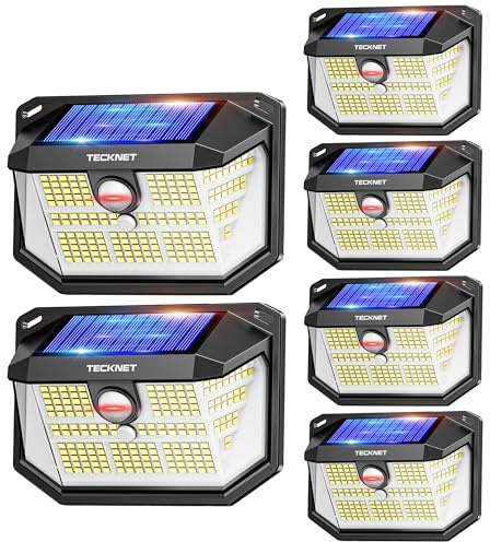 TECKNET Luz Solar Exterior Jardin con Sensor Movimiento, 6 Paquete/3 Modos | 231 LED/300° (Ilumina 35㎡), IP65 Impermeable, Potente Foco Led Solar Exterior para Garaje, Patio, Porche, Caminos, Balcón