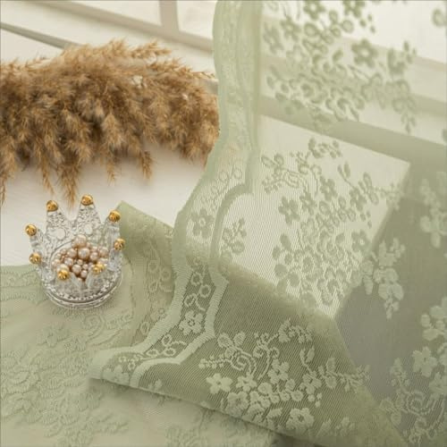 YJ YANJUN Sage Green Lace Curtains 54 inch Length 2 Panels Romantic Floral Pattern Short Sheer Curtains for Bedroom Laundry Room Light Filtering Boho Kitchen Small Window Treatments W52 X L54 Sage