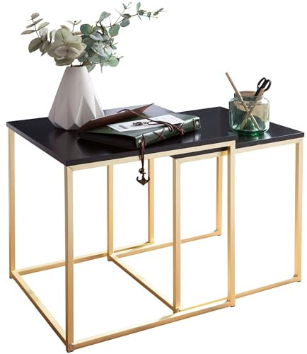 KADIMA DESIGN Satztisch CHUR Schwarz/Gold Beistelltisch MDF/Metall | Couchtisch Set aus 2 Tischen | Kleiner Wohnzimmertisch | Metalltisch mit Holzplatte | Ablagetisch modern