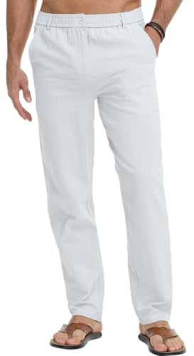 LVCBL Pantalon Homme Été - Léger & Confortable - Pantalon Loisirs/Plage, Blanc, L