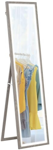 HOMCOM Specchio da Terra con Luci LED Regolabili, 3 Colori, 40x160 cm Specchio da Parete e Autoportante a Figura Intera in Vetro Temperato e MDF con Funzione Memory, per Soggiorno, Grigio