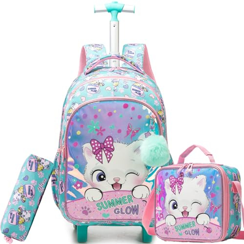 ZBAOGTW Rolling Backpack for Kids 8-12 Girls Rolling Backpack Kids Trolley School Bag with Wheels Roller Backpacks for Girls Cute Cat Bookbag with Wheels
