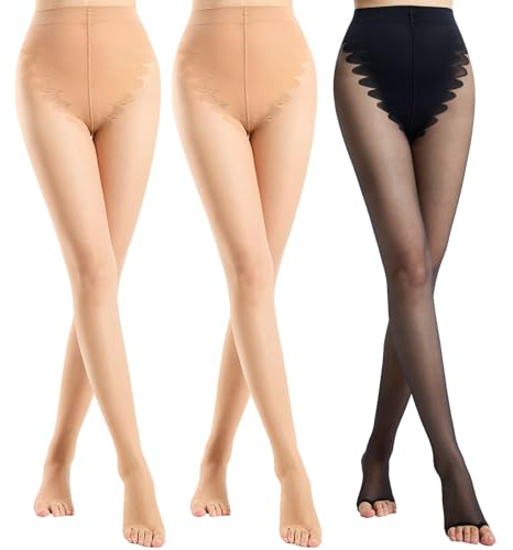 Aaronano Women's Toeless Tights Ultra Thin Sheer Pantyhose Open Toe Butterfly Crotch 20D 2 Pairs Natural 1 Pair Black L-XL
