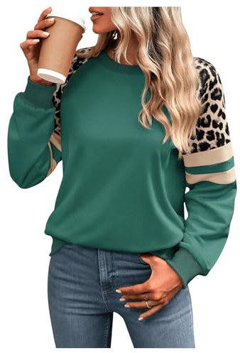 GORGLITTER Sweatshirt dam elegant långärmad tröja med leopardmönster långärmad tröja rund hals lejon topp höstskjorta casual skjorta, Mörkgrön, L