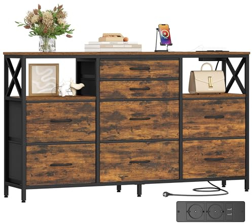 Hzuaneri Kommode 140 cm, Vintage, 8 Schubladen, 2 USB & 2 AC-Anschlüsse