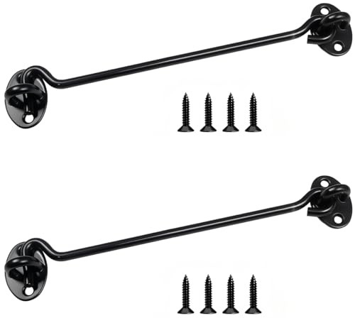 Uqingo 2 Pack Hook and Eye Latch, 10 Inch Black Cabin Hooks Stainless Steel Door Lock Hook and Gate Latch, Door Catch for Outdoor Garden Shed Patio Window Wooden Gates with Screws-Black