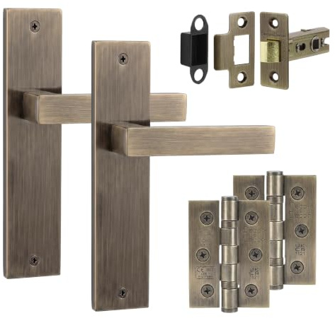 Decoranddecor Lumina Antique Brass Internal Door Handles Latch & Hinge Kit | Antique brass interior door handle kit, tubular latch and fire rated hinges, brushed backplate lever set for doors