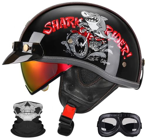 Retro Halvöppen Motorcykelhelhjälm – Ultralätt, Dragbar Linse & Skyddsögonbindel, Multifunktionell Snabbfrisläppande, Unisex Alla Säsonger, ECE/DOT-certifierad.(7,M=57~58CM)