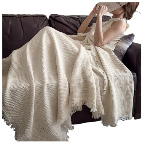 UALXPAO Grobe Strickdecke Gestrickte, gefranste, sechslagige Baumwoll-Gaze-Decke, Baumwollschal, Retro-Sofadecke, Stricküberwurf for Sofa(Soft White,130x170cm 1pcs)