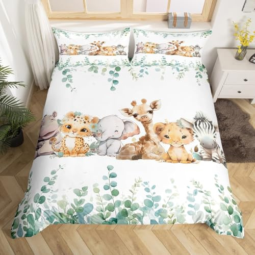 Juego de funda de edredón para niños Homewish con animales del zoológico para niños, niñas y adolescentes, funda de edredón de hipopótamo, tigre, elefante, jirafa, león y cebra, diseño de la jungla