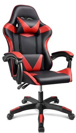 duehome | Silla Gaming Ergonómica Reclinable con Cojín Lumbar y Cervical, Ruedas 360°, Modelo Viper, Acabado en Negro y Rojo, Medidas: 56 cm (Ancho) x 53 cm (Largo) x 117-128 cm (Alto)