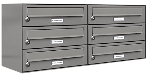 AL Briefkastensysteme 6er Briefkastenanlage Aluminiumgrau RAL 9007, Premium Briefkasten DIN A4, 6 Fach Postkasten modern Aufputz
