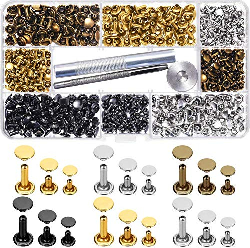 sinzau Leather Rivets, 3 Sizes 4 Colours Double Cap Rivet, Tubular Metal Studs with 3 Fixing Tools, Pack of 180