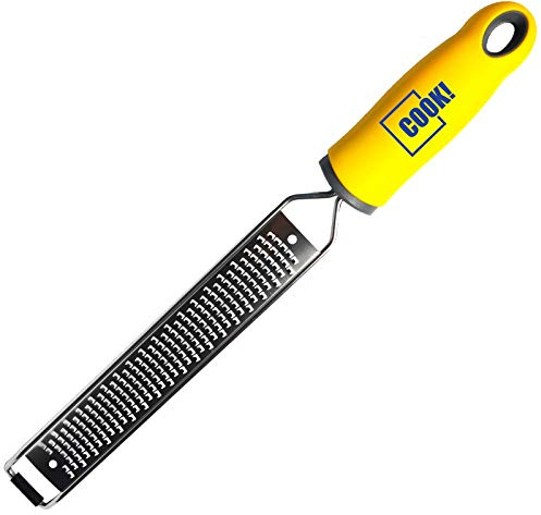 COOK! Cheese Grater for Kitchen, Stainless Steel Lemon Zester Tool, Ergonomic Non-Slip Handle and Blade Cover, Grate Garlic, Nutmeg, Parmesan, Chocolate for Cooking and Baking, Long Blade, Yellow