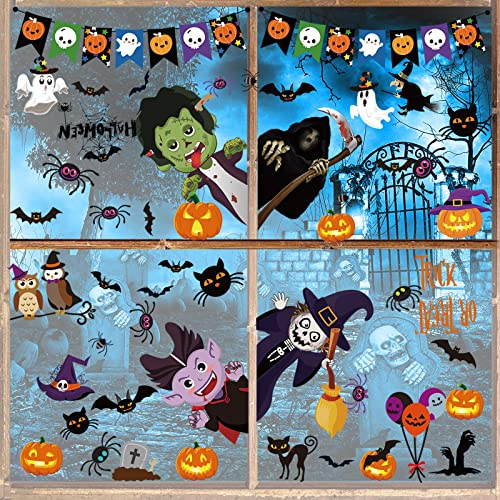 Halloween Fensterbilder - 55 Stück Doppelseitiger Sticker Mit Kürbis, Fledermaus, Spinne - Kinder Deko Fensterdeko für Party
