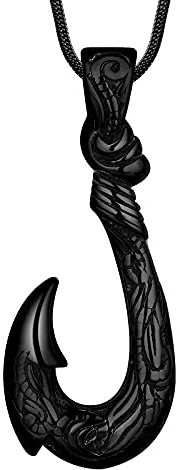 Hipunk Hawaiian Carved Bone Fish Hook Necklace - Stainless Steel Fishing Pendant with Fish Scale Design - Nautical Jewelry for Men, Women - SP0127B