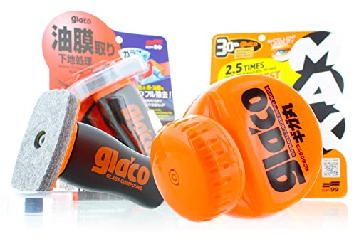 Auto Scheibenversiegelung Set: Soft99 Glaco Roll On Max (300ml) + Soft99 Glass Compound Roll On (100ml) Auto Glaspolitur, Glas Versiegelung, Autoscheiben Versiegelung, Regenabweiser Autoscheiben
