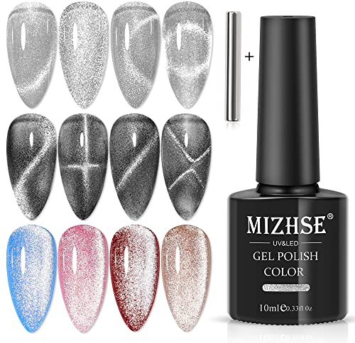 MIZHSE Universeller Silber Cat Eye Top Coat Gel UV 2-in-1 9D Wide Cat Eye UV Gel Nagellack und Top Coat UV Nagellack Glitzer Soak Off LEDUV Gels Kein Top Coat Erforderlich 10ml