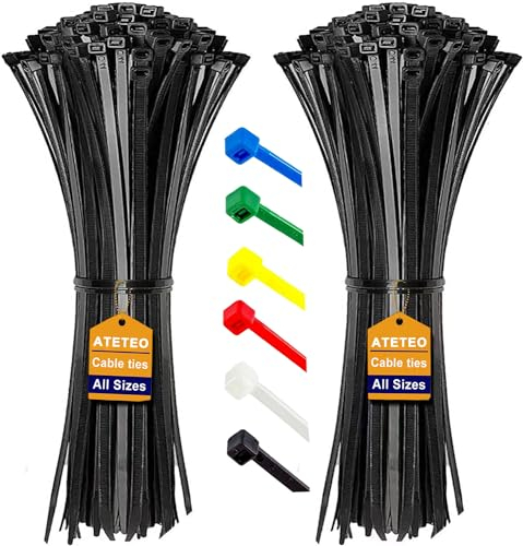 ATETEO Cable Ties, 200 Pack Black Cable Zip Ties Nylon Self Locking tie Wraps 100/150/200/250/300/370/400/500/600/650/760/1200 mm