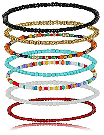 7 Stück Damen Fußkettchen, Handgemachte Bunte Perlen Fusskette Boho Verstellbares Geschichtetes Wasserfestes Elastische Fußschmuck Set für Frauen Mädchen