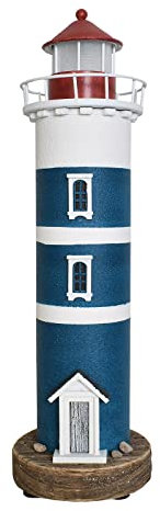 Morning View Wooden Lighthouse Figurine Nautical Decoration Lighted Blue Coastal Table Decor 14.5 Inch