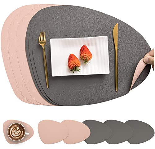 Myir JUN Tischsets abwaschbar doppelseitige Platzdeckchen abwaschbar | 6er Set Platzsets abwaschbar wasserdichte rutschfeste Oval Tischsets aus Kunstleder Untersetzer Teller in Lederoptik