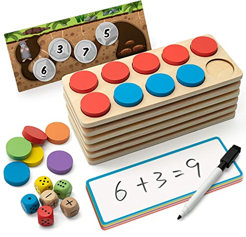 SYNARRY Wooden Ten-Frame Set Math Manipulatives for Kindergarten Elementary 1st 2nd Grade Homeschooling, Addition and Subtraction Montessori Math Games for Chirldren, Counters Toys for Kids Ages 3-8