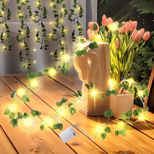 1 StüCk 6.6ft KüNstlich Efeugirlande Efeu KüNstliches HäNgend Efeu Mit 20 Led-Licht, Efeu Lichterkette FüR Hochzeit Party Garten Wohnung Balkon