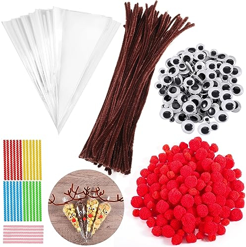Yoosso 100 Stück Pfeifenputzer zum Basteln, Pfeifenreiniger Braun Süßigkeiten Tüten Spitztüten Cellophantüten mit Bindebänder Rote Pompons Wackelaugen für Bonbons Kekse Weihnachtsgeschenke