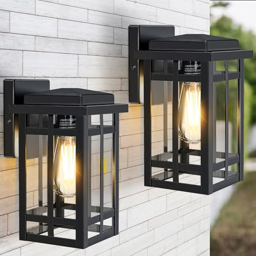 MYHXQ Outdoor Wall Light Fixtures 9.76'', Waterproof Porch Lights Lantern, Exterior Modern Matte Black Wall Mount Lighting, Anti-Rust E26 Socket Outside Scones for Front Door Garage Patio, 2 Pack