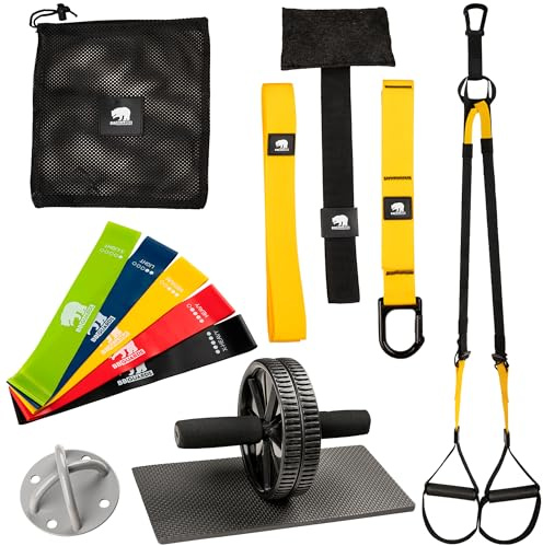Kit di Allenamento in Sospensione e Fitness: rullo addominali, elastici fitness e cinghie da sospensione. Attrezzi per palestra in casa (elastici palestra, ruota addominali e cinghia da sospensione)