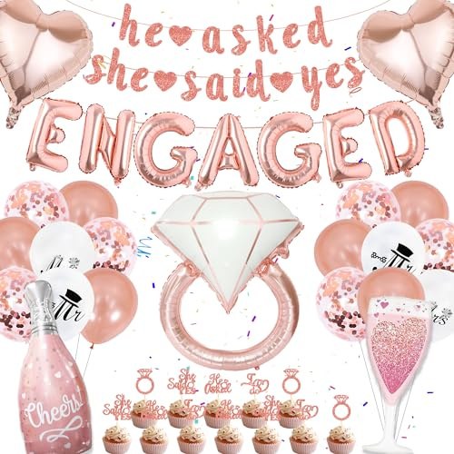 FeteDecor Engagement Party Decorations - Rose Gold Engagement Balloons, She Said Yes Banner, Ring Balloons, Cupcake Topper, Engagement Wedding Party Supplies