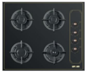 Piano cottura 4 fuochi a gas 60 cm vetro nero decorato stile retrò rustico a incasso gpl manopole colore ottone griglie in ghisa kit ugelli incluso