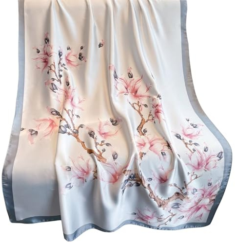 Bufanda de seda para mujer Silk Scarf Women Shawl Leaf Scarf Stain Neckerchief Head Wrap Thin Scarf Ladies Beach Scarf Vintage Bridal Shawl Chiffon Scarf Muslim Colorful Cloth (magnolias azules)