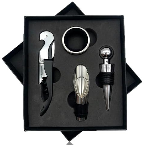 Juego de abridor de vino de 4 piezas con caja de regalo, set de regalo con sacacorchos, vertedor de botellas, tapón de botella y anillo de goteo. El regalo perfecto para los amantes del vino