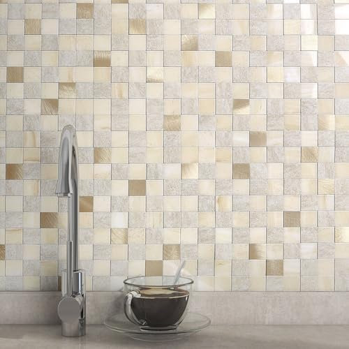 VAOVI Quadratisch Mosaikfliesen Selbstklebende Fliesen Küchenrückwand Selbstklebend,Marmor Bad Fliesensticker Kamin Hitzebeständig Duschfliesen Klebefliesen Wasserdicht(Beige,5 Fliesen)
