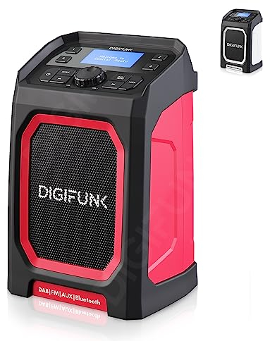 DigiFunk Baustellenradio mit Akku | Wiederaufladbar über USB | DAB+ / DAB, FM, Bluetooth, AUX | IP65 Wasserdicht Robustes Langlebiges Design | Perfekt für Bauarbeiter, Outdoor, Lager, Garage (Rot)