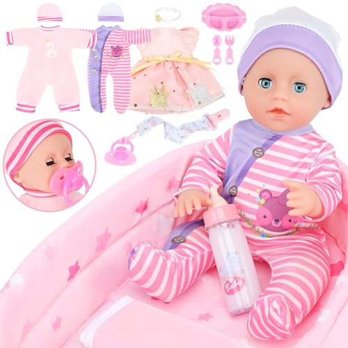 GirlDiary Poupée Bébé 12 Pouces avec Accessoires, 3 Tenues, Berceau, Jouet d'alimentation, Poupées pour Filles de 3 4 5 6 7 8 Ans, Jouets pour Enfants, Cadeau pour Bébé, Poupée avec Vêtements