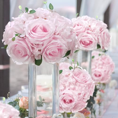 Zeyune Bouquet di fiori artificiali con base, ortensia, rose, per centrotavola, tavoli, in seta, per matrimoni, centrotavola, feste di compleanno, 2 pezzi (rosa)