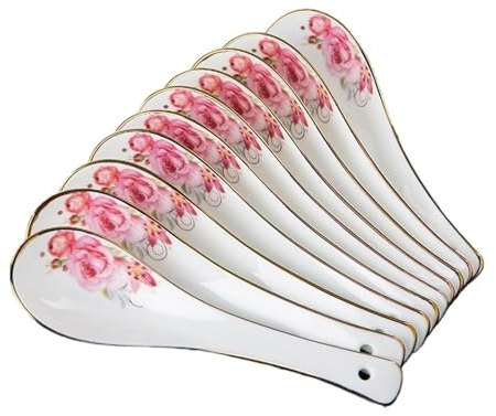 Cucharillas Postre Cuchara de cerámica Jingdezhen de 10 piezas, cuchara doméstica de porcelana, cuchara pequeña de cerámica con decoración de borde dorado e impresiones coloridas Cucharillas de Café(C