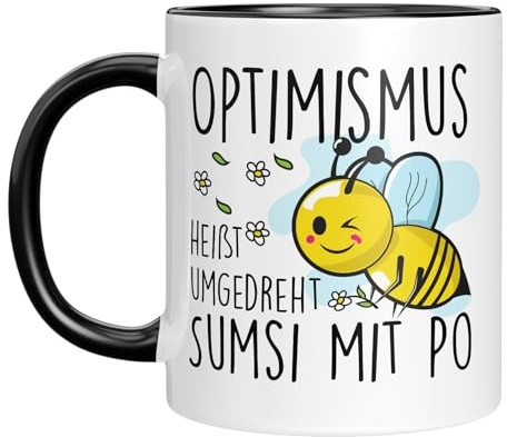 Tasse mit Spruch - Optimismus heißt umgedreht Sumsi mit Po - lustige Kaffeetasse - witziges Design - Biene - Geburtstagsgeschenk - Geschenkidee