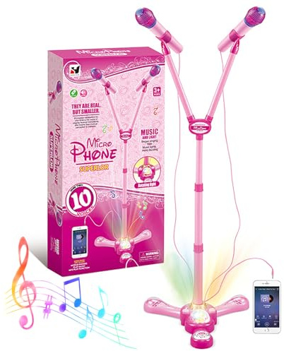 Kids Microphone and Stand,Double Head Kids Karaoke Machine with Stand With External Music Function & Flashing Lights Toy for Kids Children Girls（Pink）