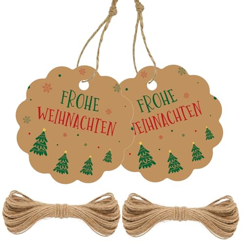 G2PLUS Braun FROHE WEIHNACHTEN Anhänger, 100 Stück Geschenkanhänger mit Frohe Weihnachten, 6CM Papier Weihnachtsanhänger mit Schnur, Weihnachten Etiketten Anhänger für Geschenk, Weihnachten Deko